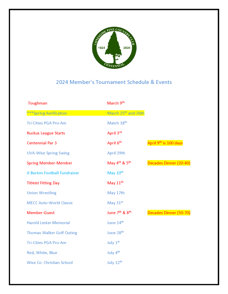 UPCOMING EVENTS Lonesome Pine Country Club